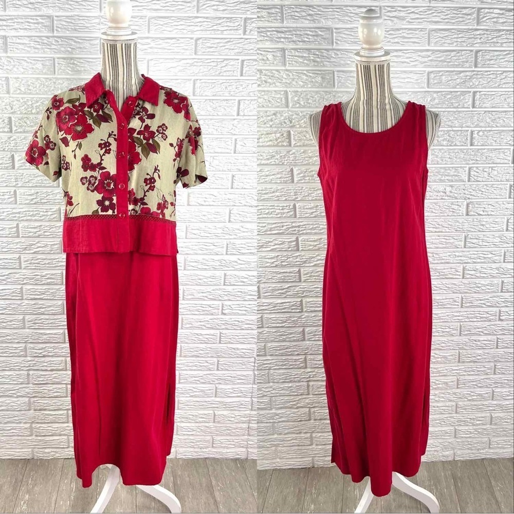 Vintage Studio Ease Floral Linen Jacket & Dress Set Red Tan Size 10P Petite